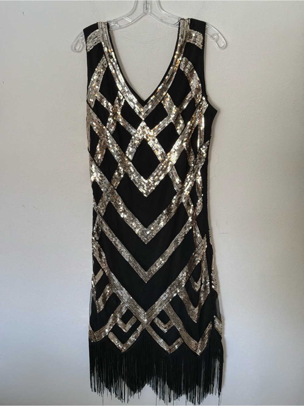 Black & Gold Sequin Fringe Cocktail Dress | XXL | Art Deco Great Gatsby Party Dr